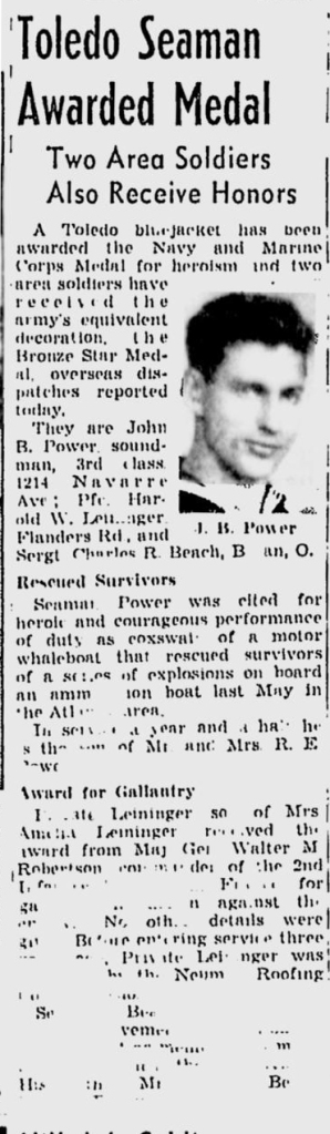 News article from The Blade, Toledo, Ohio, Tuesday, 26 December 1944: Toledo Seaman Awarded Medal