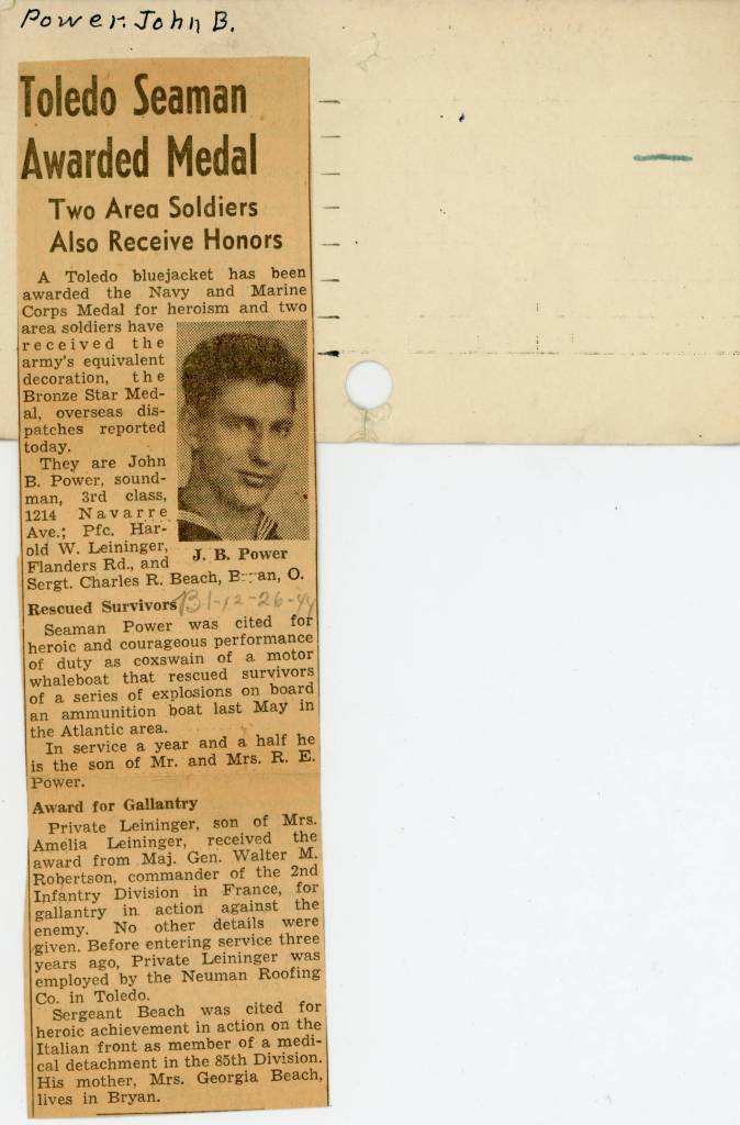 Scan of an actual news clipping taken from the Tuesday, 26 December 1944 issue of The Blade, Toledo, Ohio: Toledo Seaman Awarded Medal